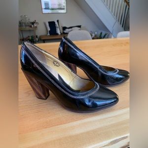 John Fluevog - Nicolette Blind Faith Patent Pumps w/ Wooden Heels - Cult Fave!